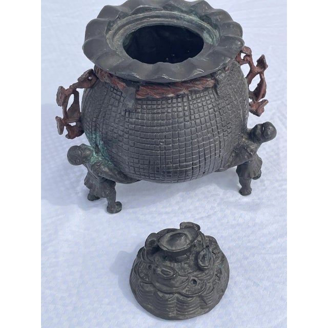 Mid 19th Century Bronze Incense Burner Money Bag Supported by 3 Men For Sale - Image 11 of 13