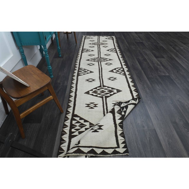 1970s Vintage Turkish Handmade Wool Cotton White Runner Rug For Sale - Image 9 of 11