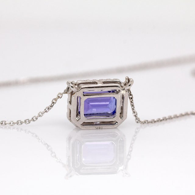 Metal 1ct Aaa Tanzanite Necklace W Natural Diamond Halo in 14k White Gold | Em 7x5mm For Sale - Image 7 of 8