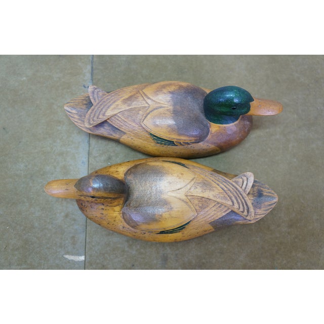 Mid 20th Century Chinese Hand-Carved Wood Mallard Drake and Hen Duck Decoys Pair 10" For Sale - Image 10 of 14
