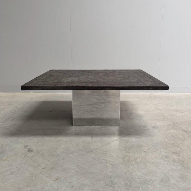 Vintage brutalist style coffee table by Peter Draenert, Germany 1970s. Polished stainless steel base with fossil stone...