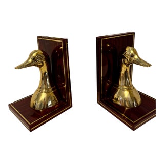 Vintage Brass Duck Head Bookends on Wood Bases For Sale