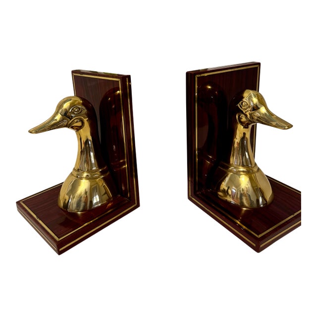 Vintage Brass Duck Head Bookends on Wood Bases For Sale