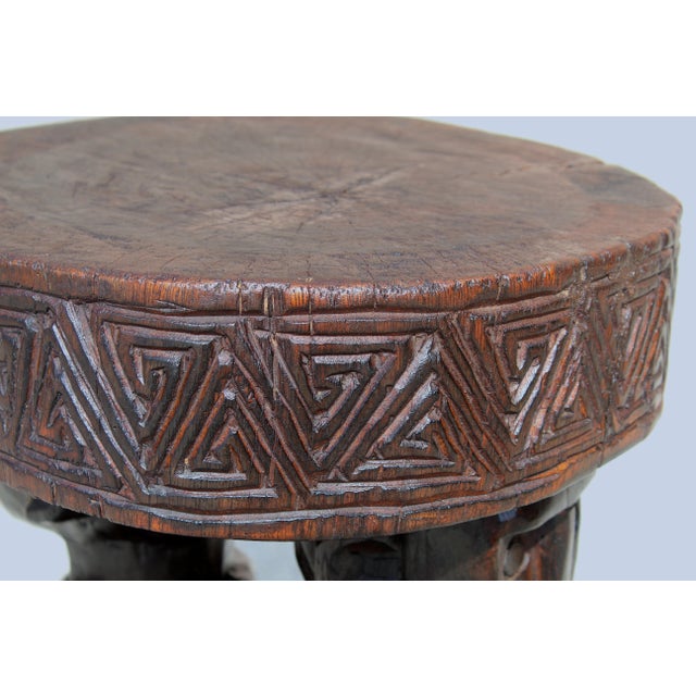 Vintage Hand-Carved African Man & Woman Figural Stool – 20.5” H X 15.75” W Sculptural Tribal Side Table With Geometric Carving For Sale - Image 15 of 17