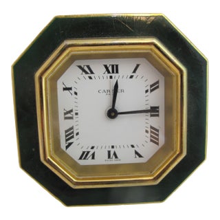 Cartier Paris Gold Plated Green Enamel Octagonal Travel Alarm Desk Clock For Sale