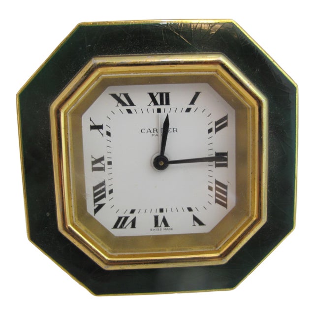Cartier Paris Gold Plated Green Enamel Octagonal Travel Alarm Desk Clock For Sale