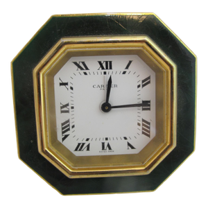 Cartier Paris Gold Plated Green Enamel Octagonal Travel Alarm Desk Clock
