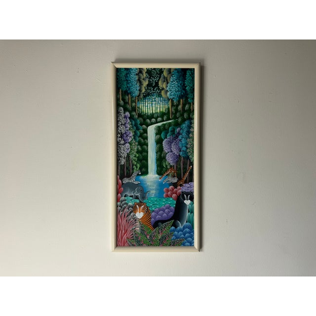 Vibrant Vintage Haitian Folk Art Wildlife Oil Painting on Canvas, depicting a lush tropical jungle scene centered around a...