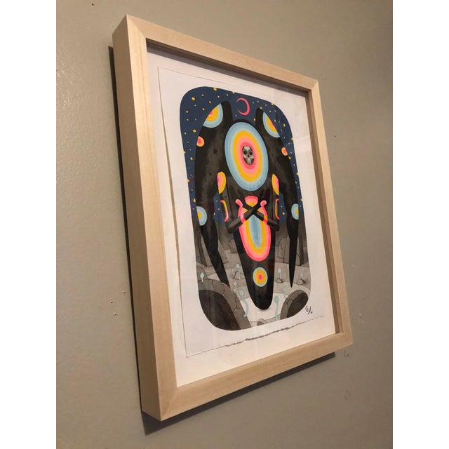 Contemporary Grave Angel by Graham Yarrington | Ink and Acrylic Gouache on Rives BFK Paper Abstract figure with skull and colorful rings For Sale - Image 3 of 3