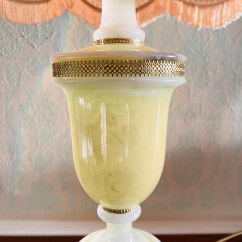 Gold Vintage Genuine Alabaster Lamp with Big Lampshade Edges with Fringes For Sale - Image 8 of 10