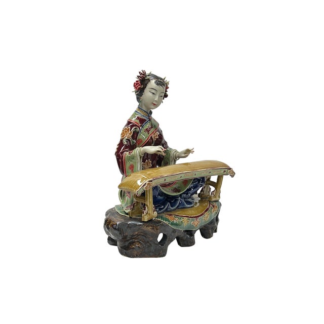 Asian Chinese Porcelain Qing Style Dressing Zither Lady Figure For Sale - Image 3 of 5
