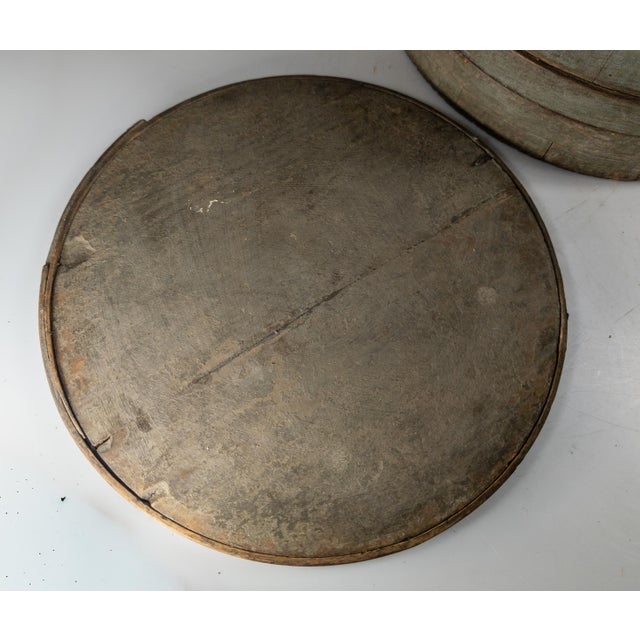 19th Century Rustic Primitive Farmhouse Grey Green Painted Firkin Bucket For Sale - Image 9 of 15