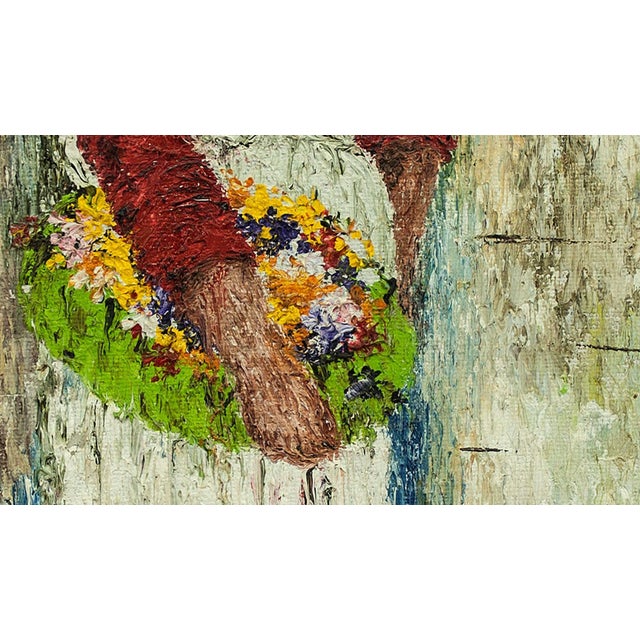 Folk Art Mildred Barrett, Woman in Apron With Basket of Flowers, Oil Painting For Sale - Image 3 of 4