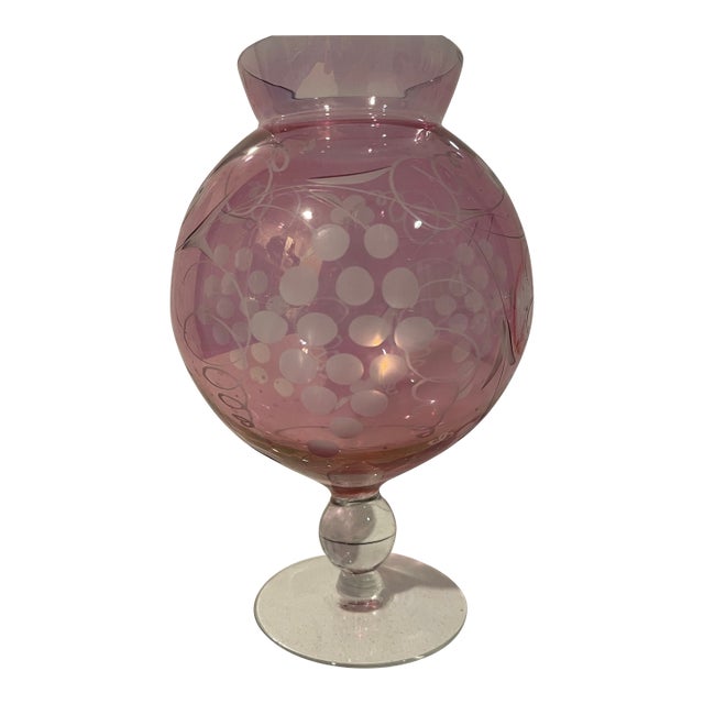 Cylindrical etched floral motif glass pedestal bulb vase, light grape color. The glass is etched with vines and flowers....