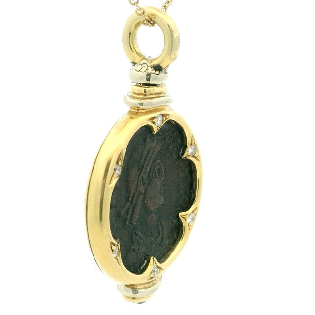 Traditional Vintage 18k Gold Ancient Coin Diamond & Sapphire Pendant For Sale - Image 3 of 10