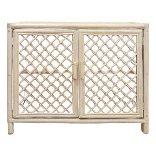 Vintage Cream Rattan Lattice Cabinet Coastal Tropical Hollywood Regency For Sale