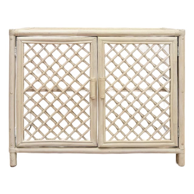 Vintage Cream Rattan Lattice Cabinet Coastal Tropical Hollywood Regency For Sale