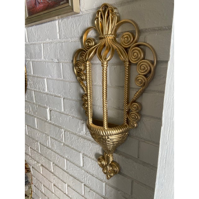 Vintage Hollywood Regency Homco Gilded Faux Wicker & Rattan Wall Pocket Planter Baskets, Wall Hanging Flower Installation For Sale - Image 9 of 12