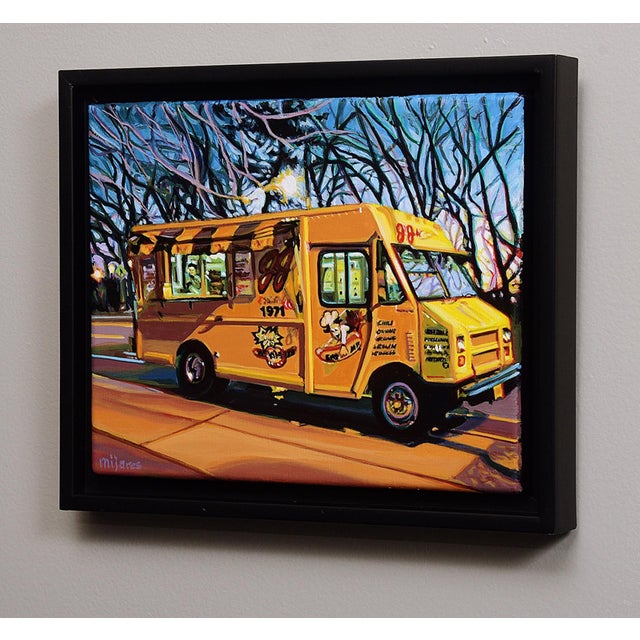 The painting depicts a vibrant yellow hot dog truck, illuminated against a twilight backdrop, where the cool blues and...