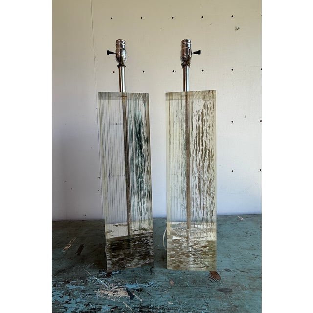 Vintage Heavy Pair of Fractal Resin Table Lamps - Gold Modernist Glam in Style of Romeo Rega - 20" Tall Rectangle Base For Sale - Image 6 of 18