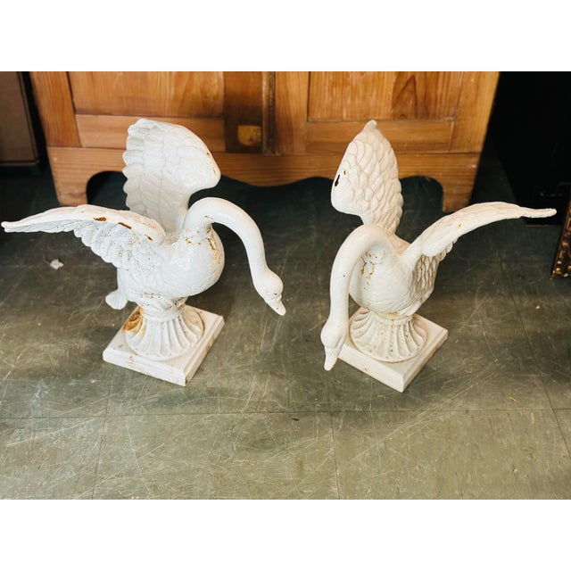 Metal Vintage Cast Iron Swan Garden Ornaments, a Pair For Sale - Image 7 of 11