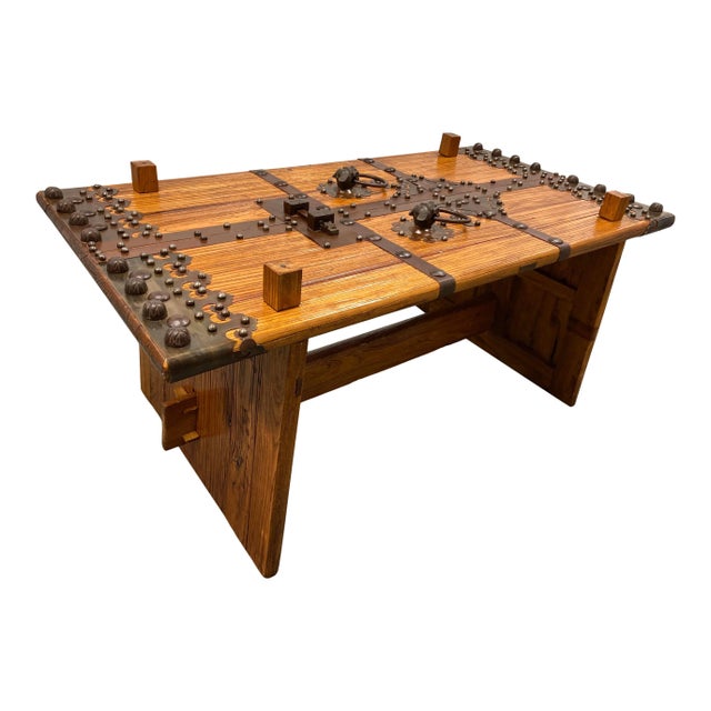 Bespoke executive desk, dining, or conference table, from reclaimed Chinese temple gate door, with large foo dog cast iron...