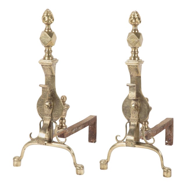 Pair of English Regency Etched Brass Andirons For Sale