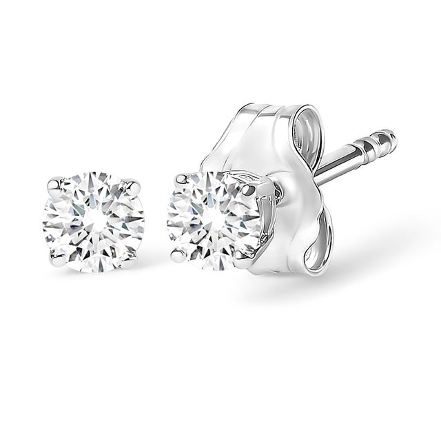 Immerse yourself in the brilliance of these 14K white gold solitaire stud earrings, each hosting a radiant 1/2-carat lab-...