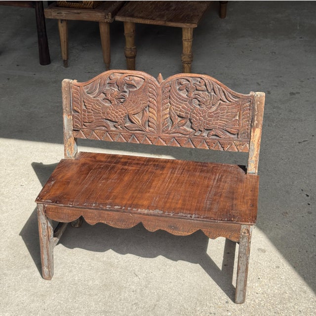 Mini Bench with Carved Backrest, 1980s For Sale - Image 11 of 18