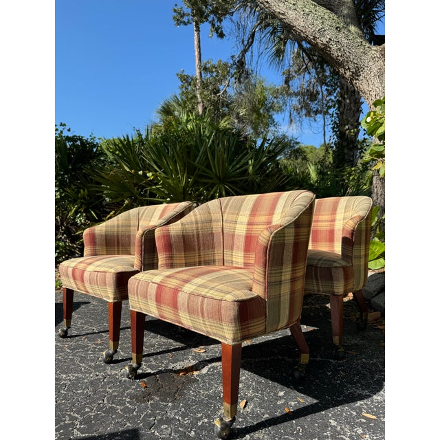 Campaign Set of 4 Vintage Plaid Upholstered Game Table Chairs | Campaign-Style Club Chairs For Sale - Image 3 of 8