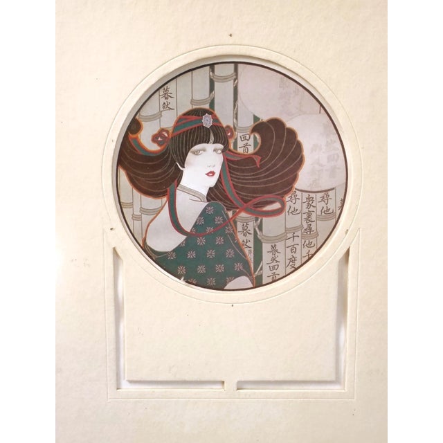 Art Deco 1980s Chinoiserie Wall Art Print Golden Framed Lillian Shao Art Deco Lithograph Geisha Woman Art Nouveau Portrait Feminine Hollywood Regency Decor For Sale - Image 3 of 10