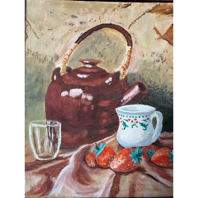 Brown 1970s Vintage Still Life Oil on Board Painting of Teapot, Strawberries & Mug – Framed For Sale - Image 8 of 11