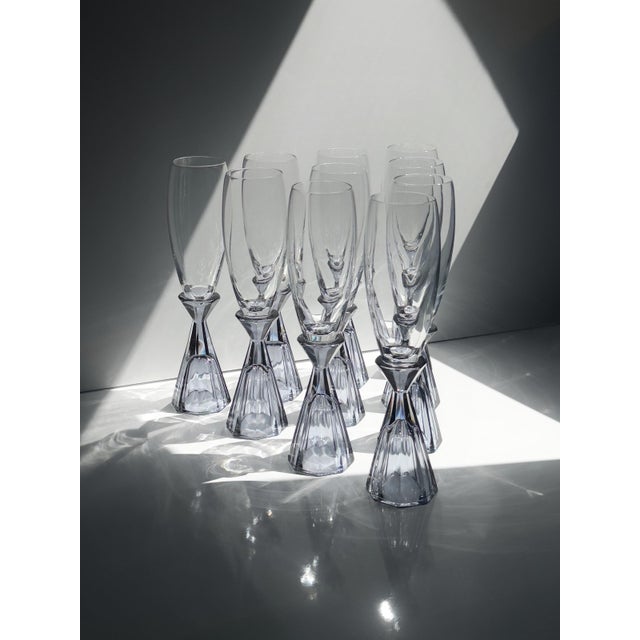 Vintage Art Deco Revival Crystal Champagne Glasses with Purple Stems, Italy, 1980s, Set of 10 For Sale - Image 4 of 9