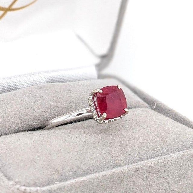 1.7Ct Ruby Ring With Earth Mined Diamonds Halo: Solid 14k Gold, Cushion Cut 7mm, Size 6.75 For Sale - Image 12 of 14