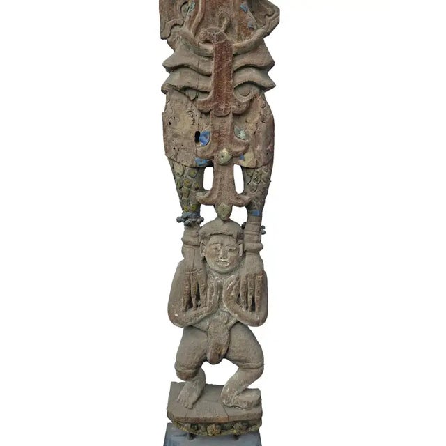 Life-Sized Burmese Wooden Teak Nat Statue Spirit Guardians Pair, Early 20th Century For Sale - Image 13 of 17
