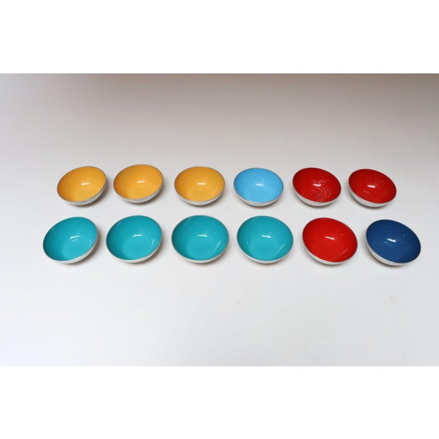 Mid-Century Modern Set of Twelve Small Danish Modern Enamel and Brushed Aluminum Snack Bowls For Sale - Image 3 of 18