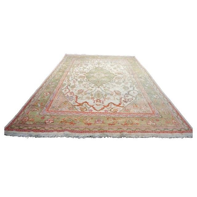 Condition: Antique Circa: 1920s Origin: Turkey Design: Oushak Actual size: 10'0"x13"4" Thickness: 1/8" - 1/4" Colors:...