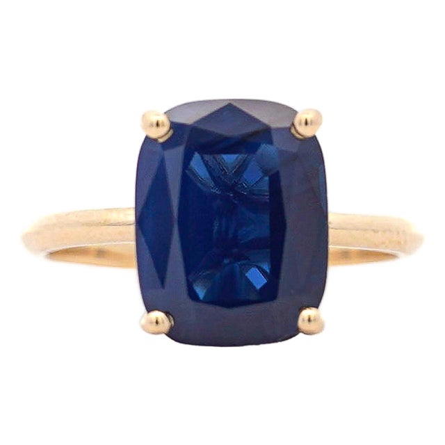Gia Certified 5.11 Carat Cushion Blue Sapphire 14k Yellow Gold Solitaire Ring, Size 7 For Sale