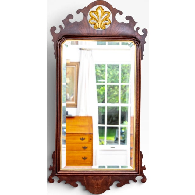 English Vintage Councill Craftsmen Chippendale Mahogany Wall Mirror With Gilded Shell Crest For Sale - Image 3 of 12