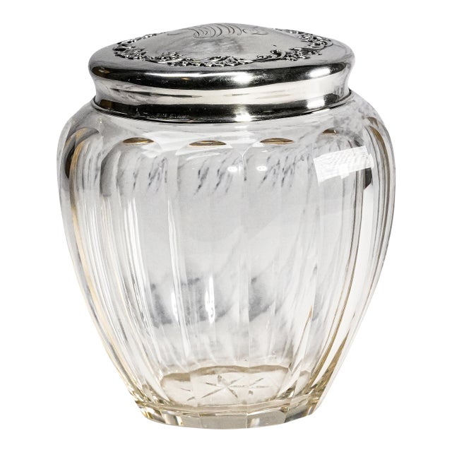 Wonderful Large Antique Sterling Silver Crystal Vanity Jar Edwardian Faceted Dresser Cut Crystal For Sale