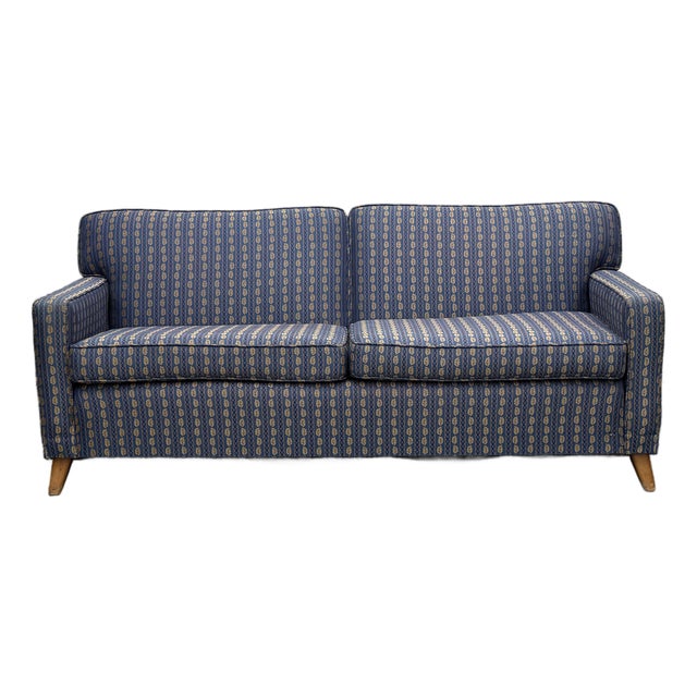 Vintage Mid Century Modern Dunbar Style Low Profile Sofa on Splayed Wood Legs 73” For Sale