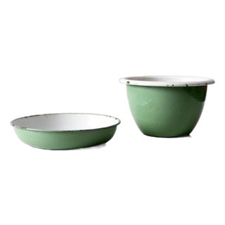 Mid-Century Swedish Green Enamelware Bowl Set For Sale