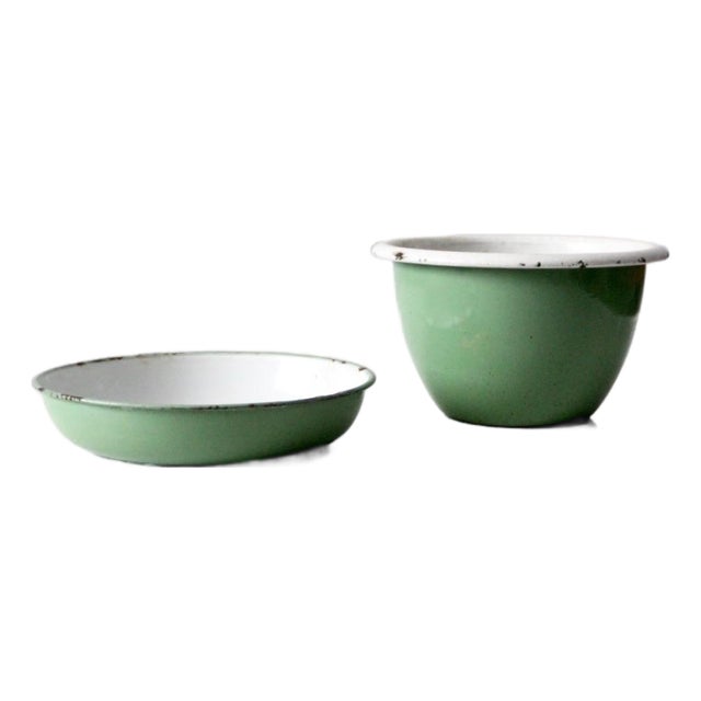 Mid-Century Swedish Green Enamelware Bowl Set For Sale