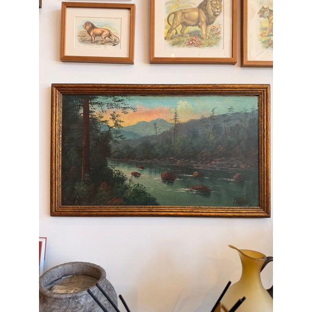 Vintage Oil Painting of Mountain Scene at Dusk For Sale - Image 4 of 5