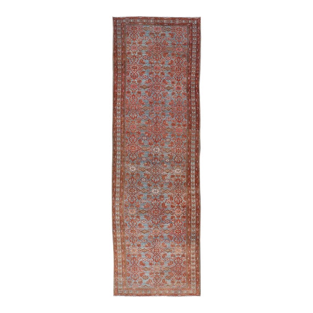 Persian Malayer Runner With Sub-Geometric Design in Blue, Red and Taupe 3.9 X 12.10 For Sale