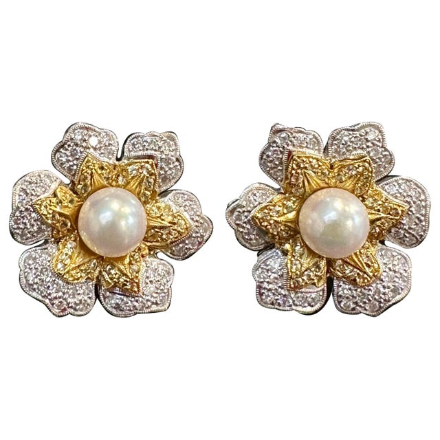 Vintage Diamond South Sea Pearl Platinum Large Flower Clip on Earrings, Two tone Beautiful estate piece The Earrings are...