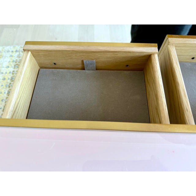 Contemporary Arden Desk / Vanity in Light Pink Reverse-Painted Glass & Brass by Currey & Company For Sale - Image 3 of 6