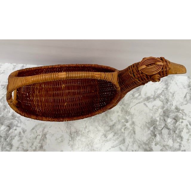 Midcentury Asian Wood Wicker Duck Basket For Sale - Image 9 of 9