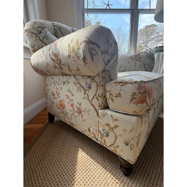 The House of Scalamandre Custom Tufted Scalamandre Sky Blue Floral Lounge Chair and Ottoman Set For Sale - Image 4 of 18