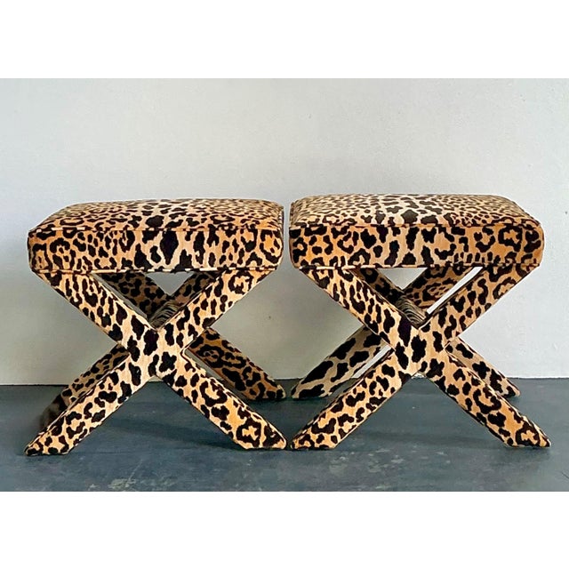 Vintage Leopard Velvet X-Base Stools - A Pair For Sale - Image 12 of 17